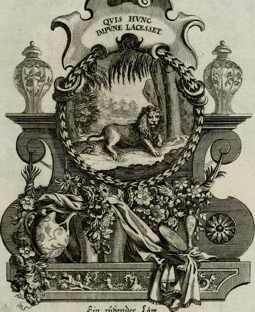 An illustration from Tapisseries du Roy, ou sont representez les quatre elemens et les quatre saisons ; avec les devises qui les accompagnent et leur explication = Königliche französische Tapezereyen, oder überaus schöne Sinn-Bilder, in welchen die vier Element, samt den vier Jahr-Zeiten, neben den Dencksprüchen und ihren Ausslegungen, vorgestellet werden. Aus den Original-Kupffern nachgezeichnet, und den Kunstliebenden zu Nutzen und Ergötzen an den Tag gegeben und verlegt, 1690, leaf 80