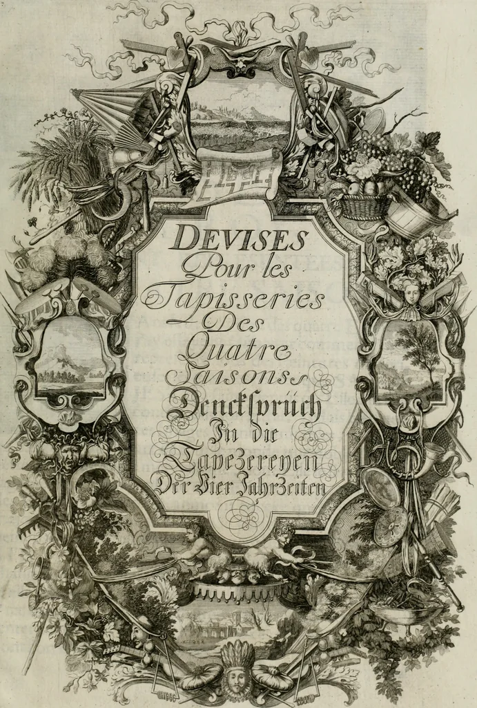 An illustration from Tapisseries du Roy, ou sont representez les quatre elemens et les quatre saisons ; avec les devises qui les accompagnent et leur explication = Königliche französische Tapezereyen, oder überaus schöne Sinn-Bilder, in welchen die vier Element, samt den vier Jahr-Zeiten, neben den Dencksprüchen und ihren Ausslegungen, vorgestellet werden. Aus den Original-Kupffern nachgezeichnet, und den Kunstliebenden zu Nutzen und Ergötzen an den Tag gegeben und verlegt, 1690, leaf 82