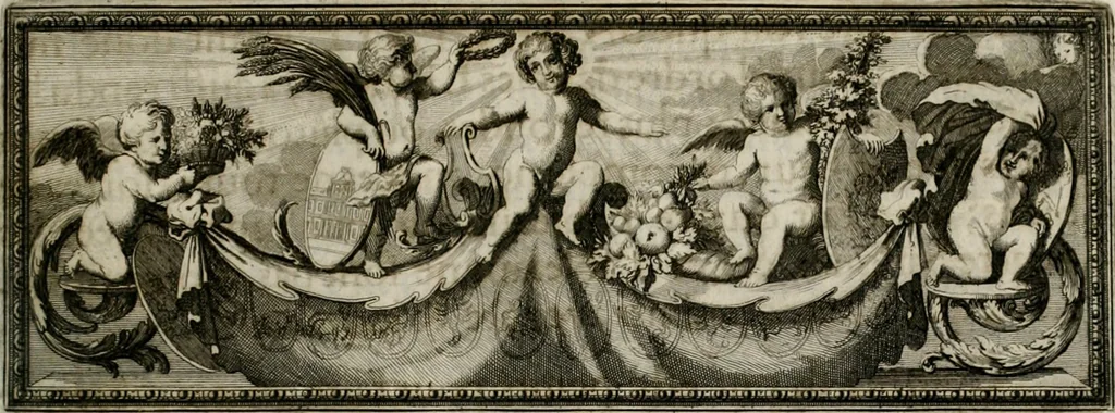 An illustration from Tapisseries du Roy, ou sont representez les quatre elemens et les quatre saisons ; avec les devises qui les accompagnent et leur explication = Königliche französische Tapezereyen, oder überaus schöne Sinn-Bilder, in welchen die vier Element, samt den vier Jahr-Zeiten, neben den Dencksprüchen und ihren Ausslegungen, vorgestellet werden. Aus den Original-Kupffern nachgezeichnet, und den Kunstliebenden zu Nutzen und Ergötzen an den Tag gegeben und verlegt, 1690, leaf 84