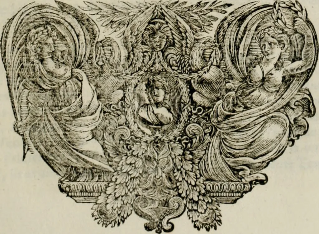An illustration from Tapisseries du Roy, ou sont representez les quatre elemens et les quatre saisons ; avec les devises qui les accompagnent et leur explication = Königliche französische Tapezereyen, oder überaus schöne Sinn-Bilder, in welchen die vier Element, samt den vier Jahr-Zeiten, neben den Dencksprüchen und ihren Ausslegungen, vorgestellet werden. Aus den Original-Kupffern nachgezeichnet, und den Kunstliebenden zu Nutzen und Ergötzen an den Tag gegeben und verlegt, 1690, leaf 86