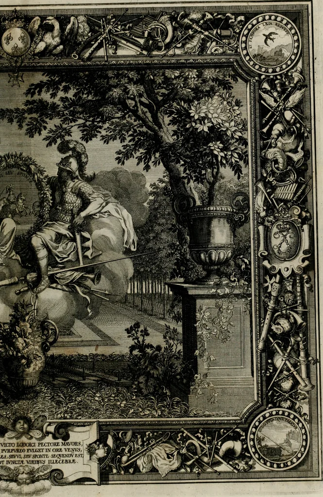 An illustration from Tapisseries du Roy, ou sont representez les quatre elemens et les quatre saisons ; avec les devises qui les accompagnent et leur explication = Königliche französische Tapezereyen, oder überaus schöne Sinn-Bilder, in welchen die vier Element, samt den vier Jahr-Zeiten, neben den Dencksprüchen und ihren Ausslegungen, vorgestellet werden. Aus den Original-Kupffern nachgezeichnet, und den Kunstliebenden zu Nutzen und Ergötzen an den Tag gegeben und verlegt, 1690, leaf 94