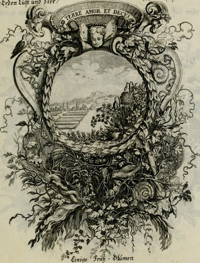 An illustration from Tapisseries du Roy, ou sont representez les quatre elemens et les quatre saisons ; avec les devises qui les accompagnent et leur explication = Königliche französische Tapezereyen, oder überaus schöne Sinn-Bilder, in welchen die vier Element, samt den vier Jahr-Zeiten, neben den Dencksprüchen und ihren Ausslegungen, vorgestellet werden. Aus den Original-Kupffern nachgezeichnet, und den Kunstliebenden zu Nutzen und Ergötzen an den Tag gegeben und verlegt, 1690, leaf 98