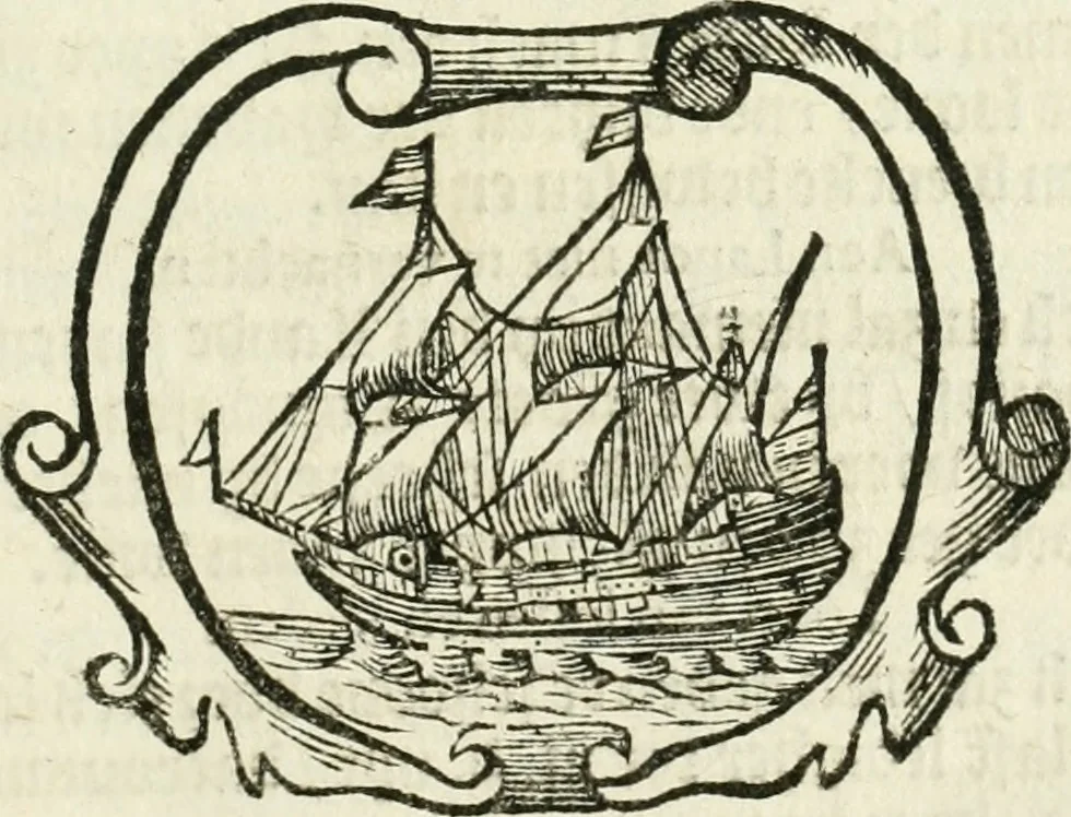 An illustration from 't Boeck der zee-rechten, inhoudende dat hooghste ende oudtste Godtlantsche water-recht, dat de gemeene kooplieden ende schippers geordineert ende gemaeckt hebben tot Wisbuy. De zee-rechten gemaeckt by keyser Carel, als mede die gemaeckt zijn ten tijde van koninck Philippus de Derde, mede inhoudende seeckere ordonnantie op't stuck van de asseurantien, bodemerije, ende toerustinge van schepen. Mitsgaders de schips-rechten, gemaeckt by de oude Hanze-steden. Noch zijn hier by-gevoeght de willekeuren en costuymen van de binnenlants-vaerders, van Amsterdam, Antwerpen, Middelburgh, Rotterdam, Dordrecht, Haerlem, Uytrecht, ende Leyden. Item van de buytenlandts-vaerders, van Rouan, Lonnen, ende Hamburgh, &c. Noch een korte instructie ende ordonnantie voor de commissarissen t'Amsteiredamme van de zee-vaert. In dese laetste druck noch vermeerdert met een nieuwe ordonnantie van 't pael-geldt, 1678, leaf 16