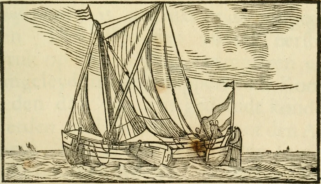 An illustration from 't Boeck der zee-rechten, inhoudende dat hooghste ende oudtste Godtlantsche water-recht, dat de gemeene kooplieden ende schippers geordineert ende gemaeckt hebben tot Wisbuy. De zee-rechten gemaeckt by keyser Carel, als mede die gemaeckt zijn ten tijde van koninck Philippus de Derde, mede inhoudende seeckere ordonnantie op't stuck van de asseurantien, bodemerije, ende toerustinge van schepen. Mitsgaders de schips-rechten, gemaeckt by de oude Hanze-steden. Noch zijn hier by-gevoeght de willekeuren en costuymen van de binnenlants-vaerders, van Amsterdam, Antwerpen, Middelburgh, Rotterdam, Dordrecht, Haerlem, Uytrecht, ende Leyden. Item van de buytenlandts-vaerders, van Rouan, Lonnen, ende Hamburgh, &c. Noch een korte instructie ende ordonnantie voor de commissarissen t'Amsteiredamme van de zee-vaert. In dese laetste druck noch vermeerdert met een nieuwe ordonnantie van 't pael-geldt, 1678, leaf 340