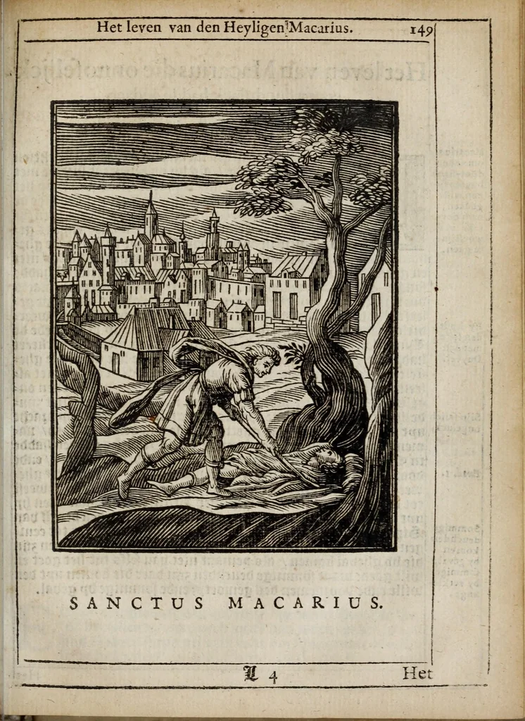 An illustration from 'tBosch der eremyten ende eremitinnen, van Aegypten ende Palestinen, 1644, leaf 165