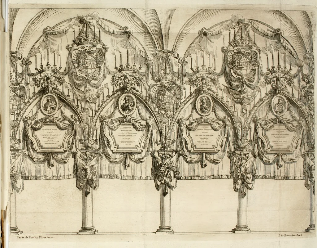 An illustration from Teatro de la gloria : consagrado a la excelentisima señora doña Felice de Sandoval Enriquez, duquesa de Vceda difunta : por el excelentisimo señor don Gaspar Tellez Giron, duque de Osuna, conde de Vreña, gouernador del estado de Milan y capitan general en Italia, en sus solemnes esequias celebradas en Milan, 1671, leaf 37