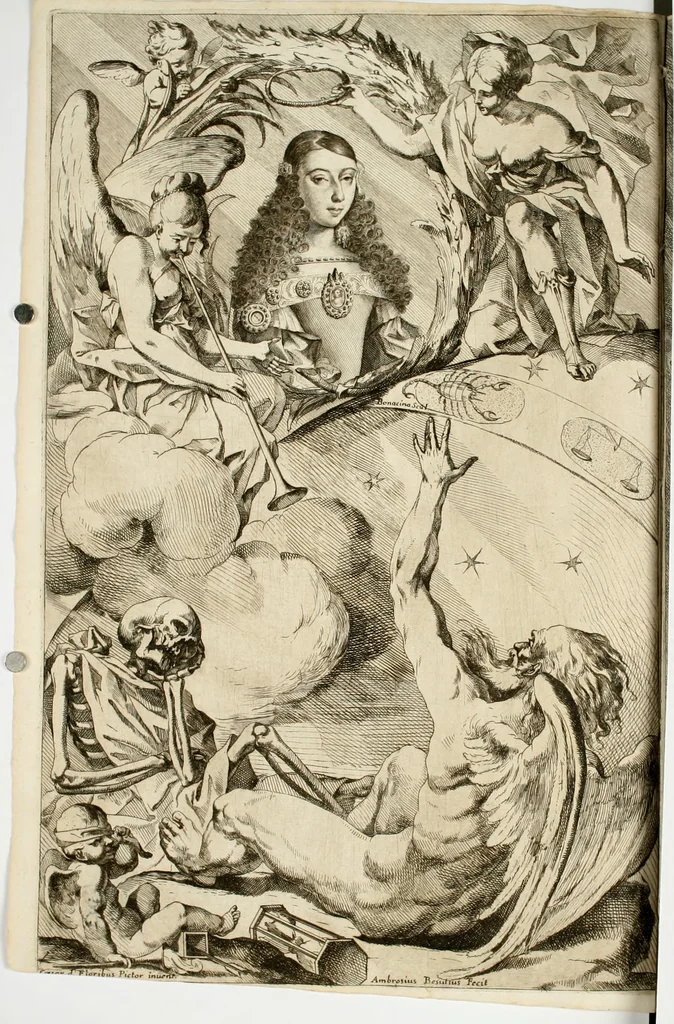 An illustration from Teatro de la gloria : consagrado a la excelentisima señora doña Felice de Sandoval Enriquez, duquesa de Vceda difunta : por el excelentisimo señor don Gaspar Tellez Giron, duque de Osuna, conde de Vreña, gouernador del estado de Milan y capitan general en Italia, en sus solemnes esequias celebradas en Milan, 1671, leaf 7