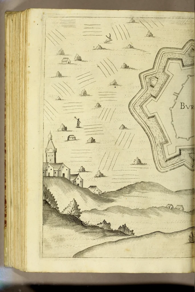 An illustration from Teatro del Belgio, o' Sia descritione delle diecisette provincie del medesimo; : con le piante delle città, e fortezze principali; da chi al presente possesse; come, in qual modo, & in qual tempo acquistate. Aggiontovi vn succinto racconto di quanto è occorso dalla mossa d'armi del rè christianissimo contro gli Stati generali delle Provincie Unite sin' al fine del 1672., 1683, leaf 590