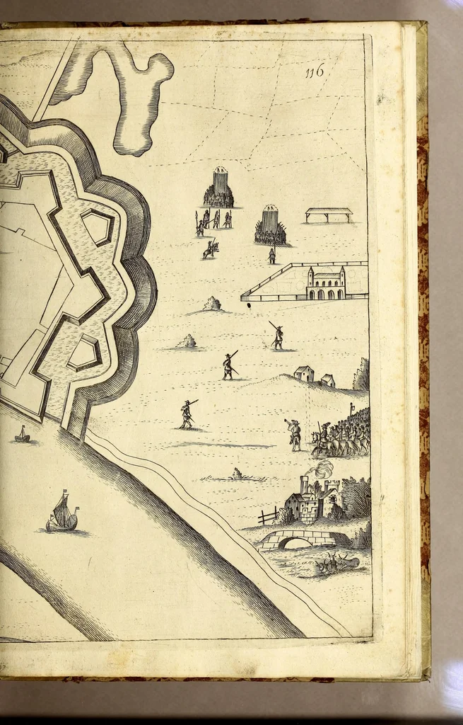 An illustration from Teatro del Belgio, o' Sia descritione delle diecisette provincie del medesimo; : con le piante delle città, e fortezze principali; da chi al presente possesse; come, in qual modo, & in qual tempo acquistate. Aggiontovi vn succinto racconto di quanto è occorso dalla mossa d'armi del rè christianissimo contro gli Stati generali delle Provincie Unite sin' al fine del 1672., 1683, leaf 597