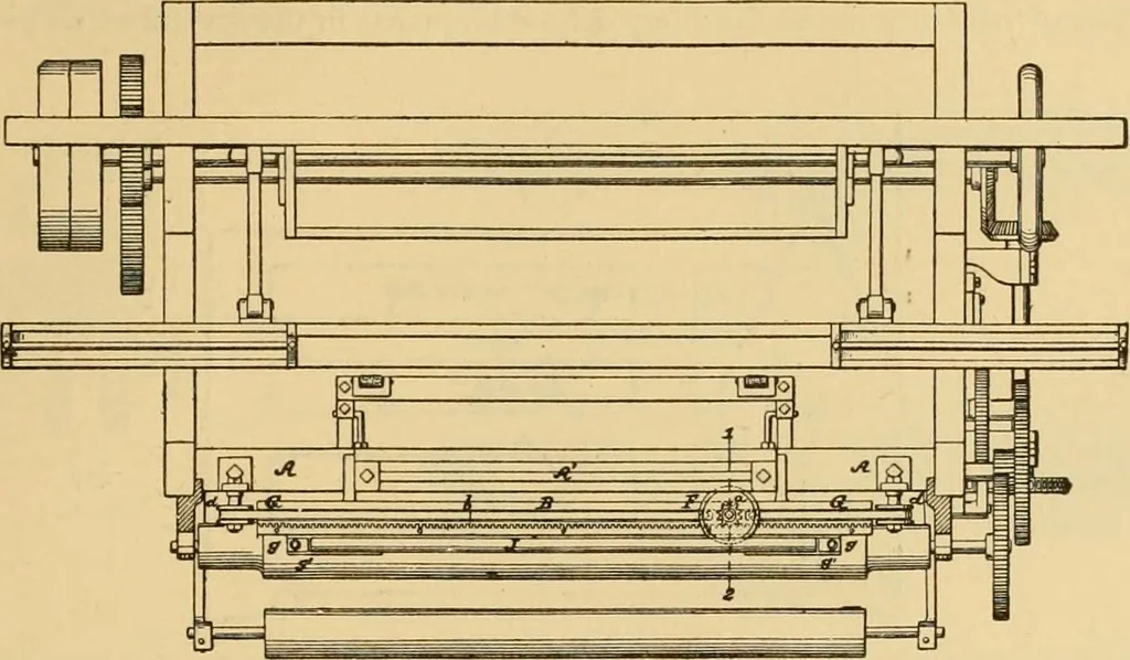 An illustration from Technology of textile design. Being a practical treatise on the construction and application of weaves for all textile fabrics, with minute reference to the latest inventions for weaving, 1888, leaf 208