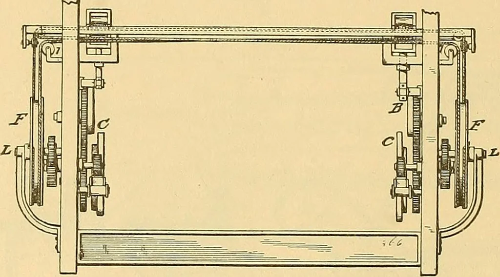 An illustration from Technology of textile design. Being a practical treatise on the construction and application of weaves for all textile fabrics, with minute reference to the latest inventions for weaving, 1888, leaf 209