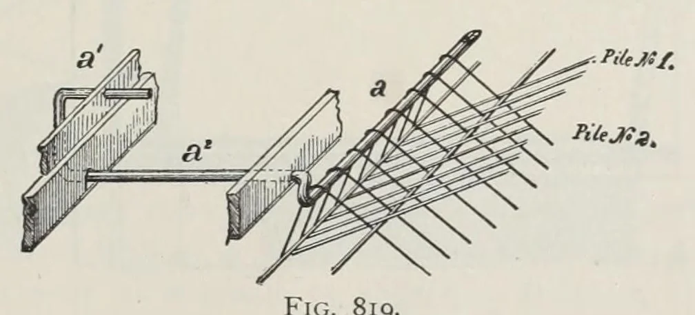 An illustration from Technology of textile design : being a practical treatise on the construction and application of weaves for all textile fabrics, with minute reference to the latest inventions for weaving : containing also an appendix showing the analysis and giving the calculations necessary for the manufacture of the various textile fabrics, 1892, leaf 185