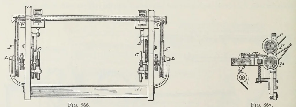 An illustration from Technology of textile design : being a practical treatise on the construction and application of weaves for all textile fabrics, with minute reference to the latest inventions for weaving : containing also an appendix showing the analysis and giving the calculations necessary for the manufacture of the various textile fabrics, 1892, leaf 210