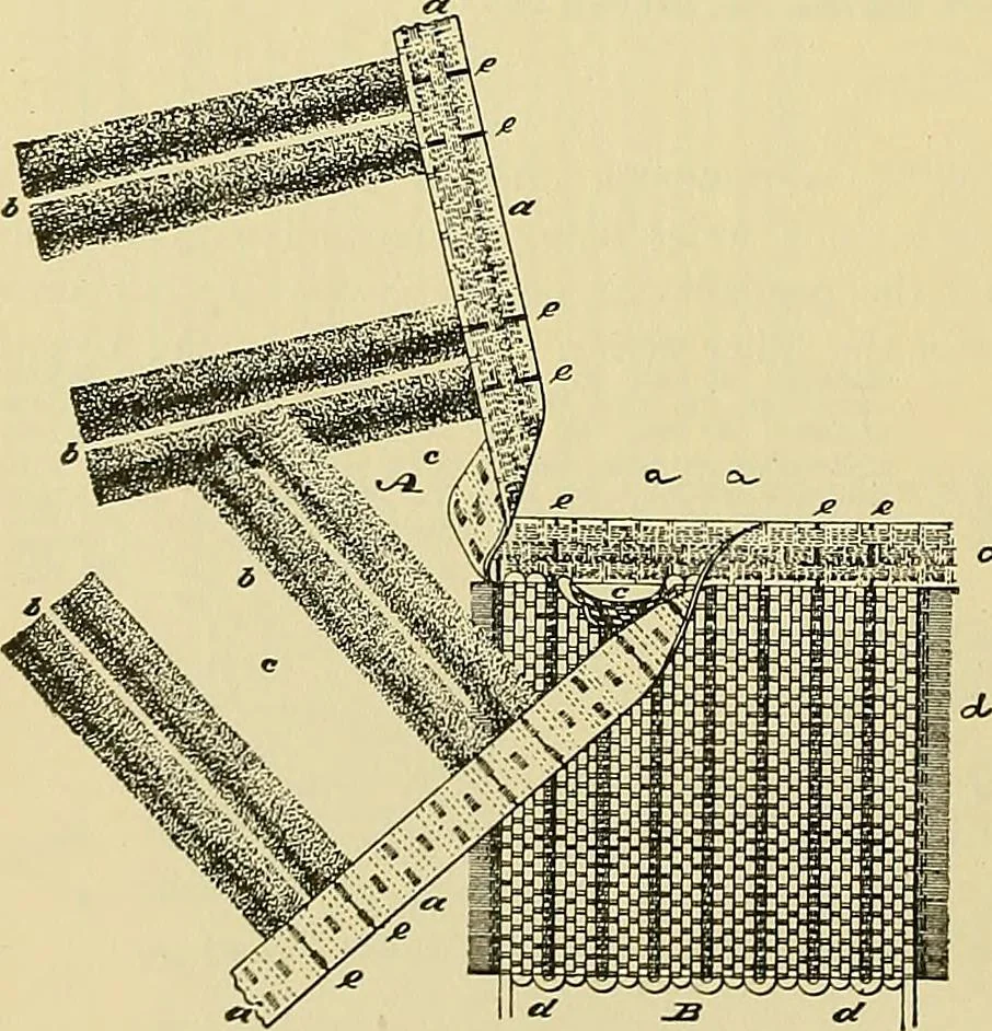 An illustration from Technology of textile design. Being a practical treatise on the construction and application of weaves for all textile fabrics, with minute reference to the latest inventions for weaving, 1888, leaf 173