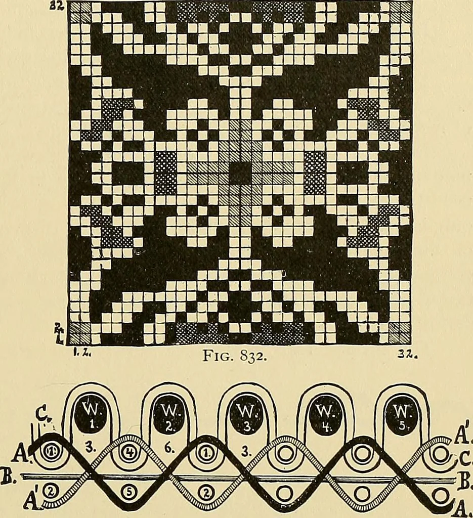An illustration from Technology of textile design. Being a practical treatise on the construction and application of weaves for all textile fabrics, with minute reference to the latest inventions for weaving, 1888, leaf 196