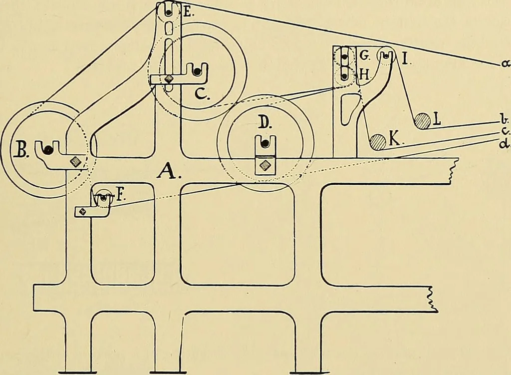 An illustration from Technology of textile design. Being a practical treatise on the construction and application of weaves for all textile fabrics, with minute reference to the latest inventions for weaving, 1888, leaf 218