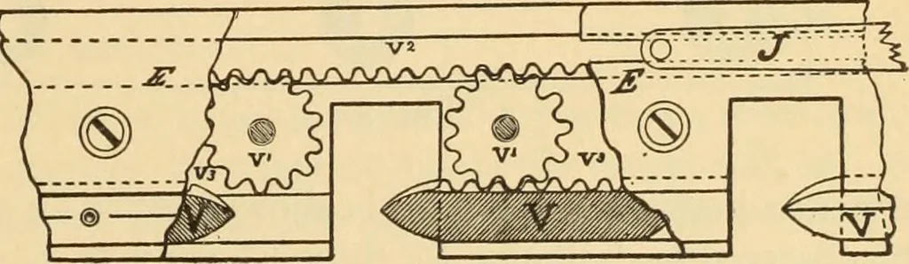 An illustration from Technology of textile design. Being a practical treatise on the construction and application of weaves for all textile fabrics, with minute reference to the latest inventions for weaving. Containing also an appendix showing the analysis and giving the calculations necessary for the manufacture of the various textile fabrics, 1889, leaf 114