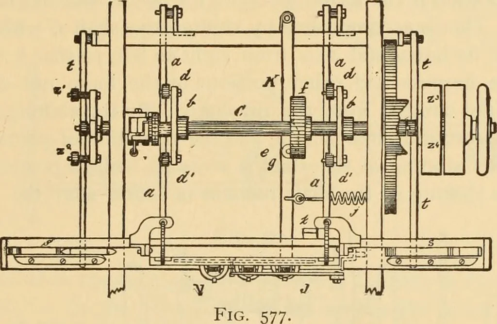 An illustration from Technology of textile design. Being a practical treatise on the construction and application of weaves for all textile fabrics, with minute reference to the latest inventions for weaving. Containing also an appendix showing the analysis and giving the calculations necessary for the manufacture of the various textile fabrics, 1889, leaf 116