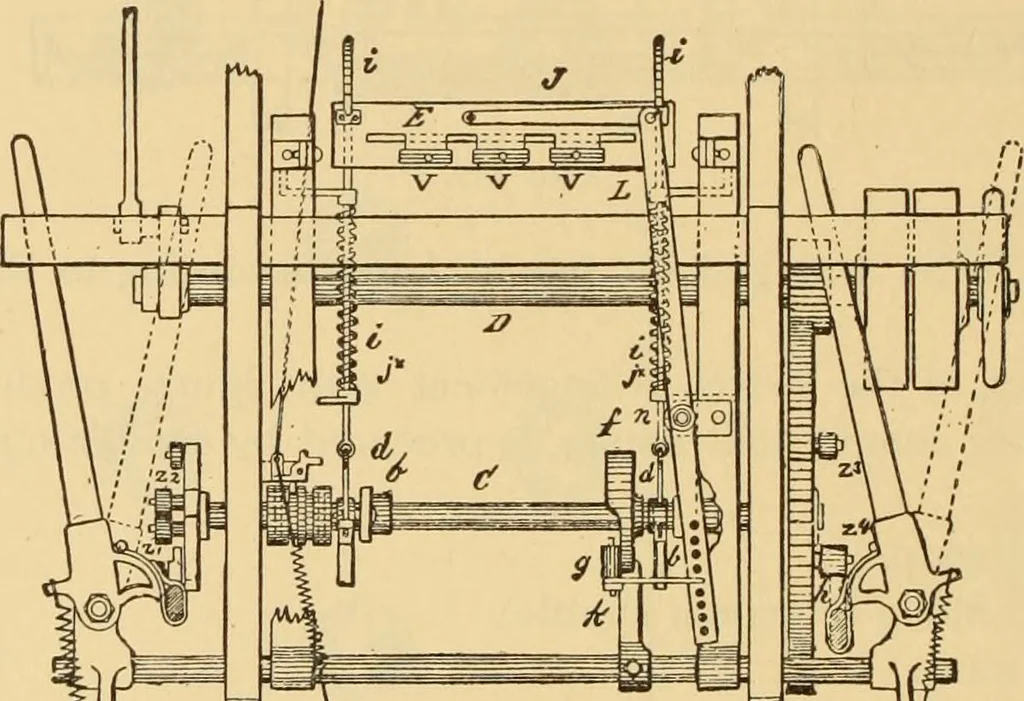 An illustration from Technology of textile design. Being a practical treatise on the construction and application of weaves for all textile fabrics, with minute reference to the latest inventions for weaving. Containing also an appendix showing the analysis and giving the calculations necessary for the manufacture of the various textile fabrics, 1889, leaf 117