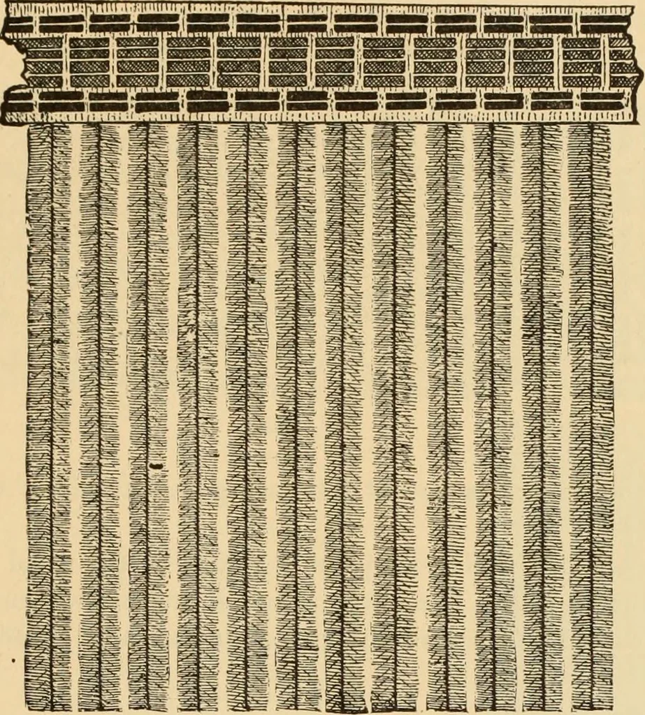 An illustration from Technology of textile design. Being a practical treatise on the construction and application of weaves for all textile fabrics, with minute reference to the latest inventions for weaving. Containing also an appendix showing the analysis and giving the calculations necessary for the manufacture of the various textile fabrics, 1889, leaf 168