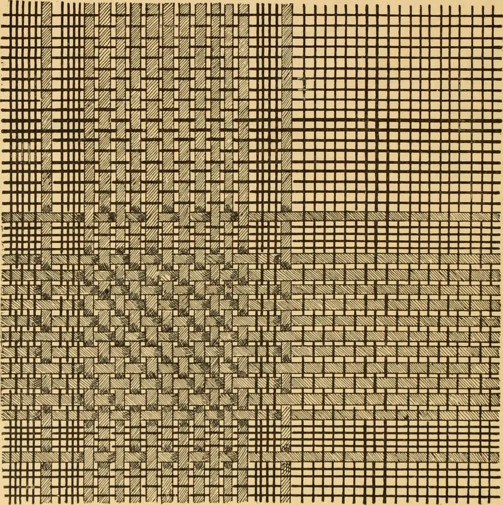 An illustration from Technology of textile design. Being a practical treatise on the construction and application of weaves for all textile fabrics, with minute reference to the latest inventions for weaving. Containing also an appendix showing the analysis and giving the calculations necessary for the manufacture of the various textile fabrics, 1889, leaf 19