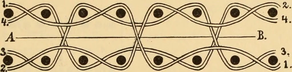 An illustration from Technology of textile design. Being a practical treatise on the construction and application of weaves for all textile fabrics, with minute reference to the latest inventions for weaving. Containing also an appendix showing the analysis and giving the calculations necessary for the manufacture of the various textile fabrics, 1889, leaf 200