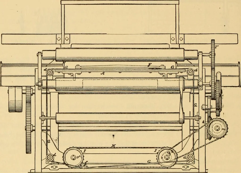 An illustration from Technology of textile design. Being a practical treatise on the construction and application of weaves for all textile fabrics, with minute reference to the latest inventions for weaving. Containing also an appendix showing the analysis and giving the calculations necessary for the manufacture of the various textile fabrics, 1889, leaf 205