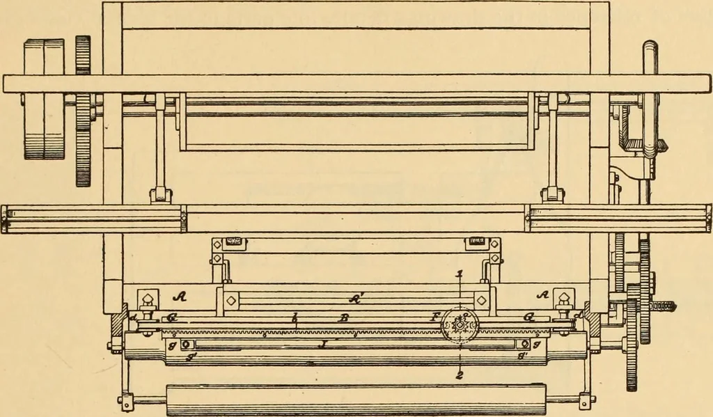 An illustration from Technology of textile design. Being a practical treatise on the construction and application of weaves for all textile fabrics, with minute reference to the latest inventions for weaving. Containing also an appendix showing the analysis and giving the calculations necessary for the manufacture of the various textile fabrics, 1889, leaf 206
