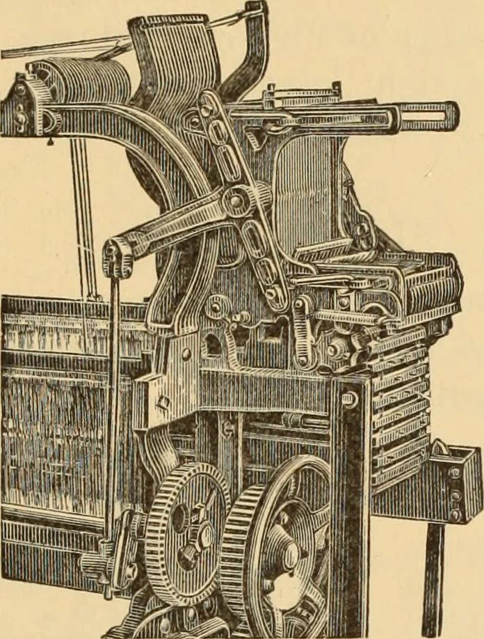 An illustration from Technology of textile design. Being a practical treatise on the construction and application of weaves for all textile fabrics, with minute reference to the latest inventions for weaving. Containing also an appendix showing the analysis and giving the calculations necessary for the manufacture of the various textile fabrics, 1889, leaf 244