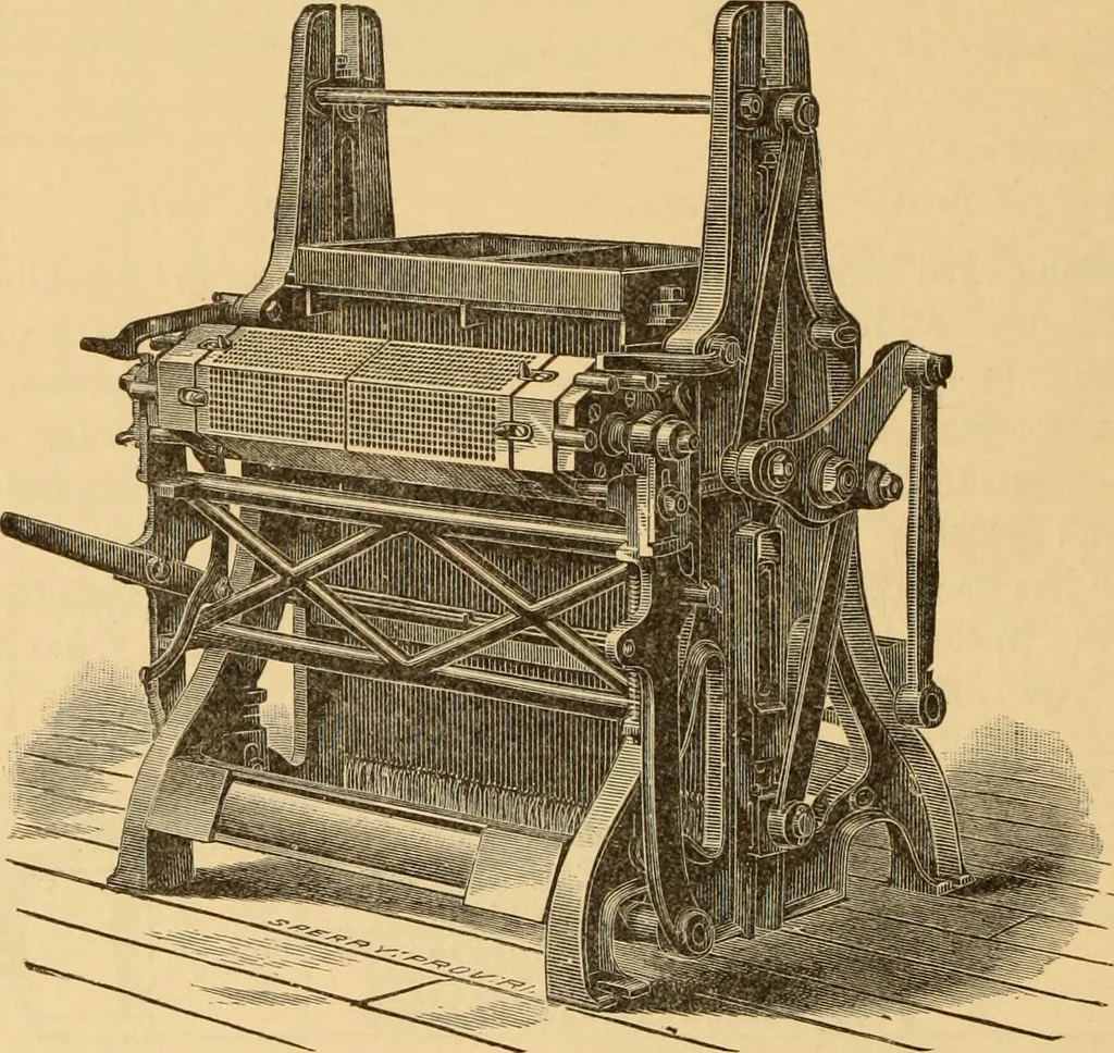 An illustration from Technology of textile design. Being a practical treatise on the construction and application of weaves for all textile fabrics, with minute reference to the latest inventions for weaving. Containing also an appendix showing the analysis and giving the calculations necessary for the manufacture of the various textile fabrics, 1889, leaf 257