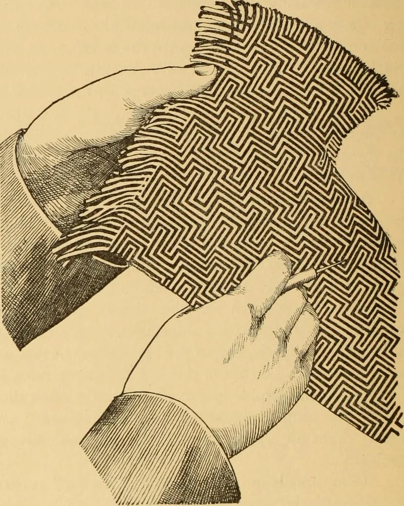 An illustration from Technology of textile design. Being a practical treatise on the construction and application of weaves for all textile fabrics, with minute reference to the latest inventions for weaving. Containing also an appendix showing the analysis and giving the calculations necessary for the manufacture of the various textile fabrics, 1889, leaf 265