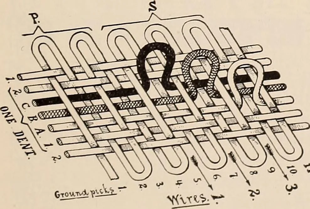 An illustration from Technology of textile design. A practical treatise on the construction and application of weaves for all textile fabrics... Containing also an appendix describing all the latest methods and improvements in designing and manufacturing, 1890, leaf 204