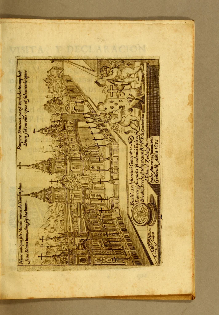An illustration from Templo de N. grande patriarca San Francisco de la Provincia de los Doze Apostoles de el Peru en la Ciudad de los Reyes : arruinado, restaurado, y engradecido de la providencia divina. En panegyrico historial, y poetico certamen., 1675, leaf 71
