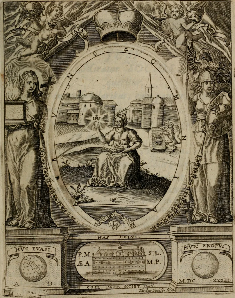 An illustration from Templvm gratiarvm, serenissimi ... : principis ac domini D. Leopoldi, archidvcis Avstriae et comitis Tyrolis &c fvndatoris mvnificentissimi : augustissimi ... caesaris Ferdinandi II., Germani fratris, piis manibvs ... a memoria archidvcalis collegii Passaviensis Societatis Iesv, ipso inferiarum, ac post D. Leopoldi die cum iusta in oratorio pie persolveret ac moestissime parentaret, A.D. MDCXXXII : Summa observantia dicatum dedicatumque, 1633, leaf 102