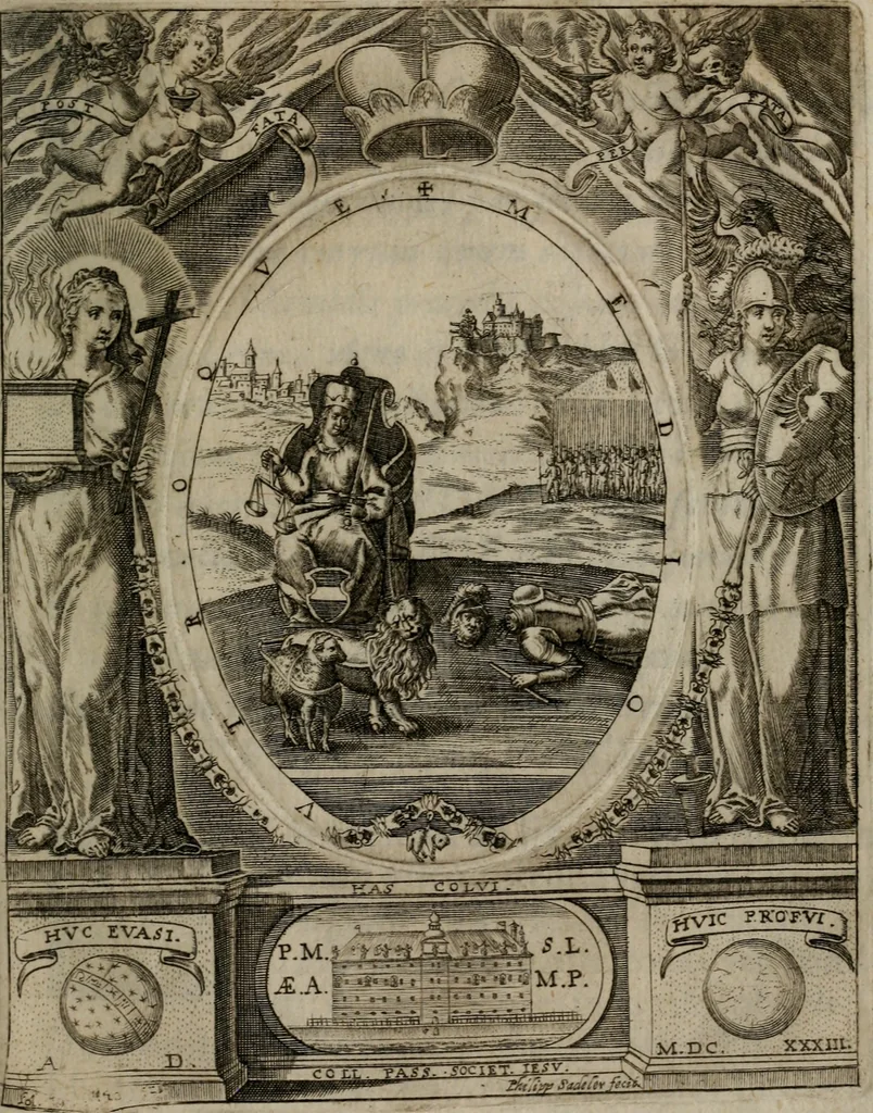 An illustration from Templvm gratiarvm, serenissimi ... : principis ac domini D. Leopoldi, archidvcis Avstriae et comitis Tyrolis &c fvndatoris mvnificentissimi : augustissimi ... caesaris Ferdinandi II., Germani fratris, piis manibvs ... a memoria archidvcalis collegii Passaviensis Societatis Iesv, ipso inferiarum, ac post D. Leopoldi die cum iusta in oratorio pie persolveret ac moestissime parentaret, A.D. MDCXXXII : Summa observantia dicatum dedicatumque, 1633, leaf 106