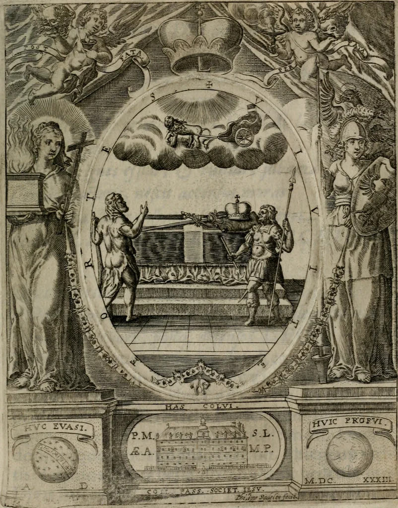 An illustration from Templvm gratiarvm, serenissimi ... : principis ac domini D. Leopoldi, archidvcis Avstriae et comitis Tyrolis &c fvndatoris mvnificentissimi : augustissimi ... caesaris Ferdinandi II., Germani fratris, piis manibvs ... a memoria archidvcalis collegii Passaviensis Societatis Iesv, ipso inferiarum, ac post D. Leopoldi die cum iusta in oratorio pie persolveret ac moestissime parentaret, A.D. MDCXXXII : Summa observantia dicatum dedicatumque, 1633, leaf 110