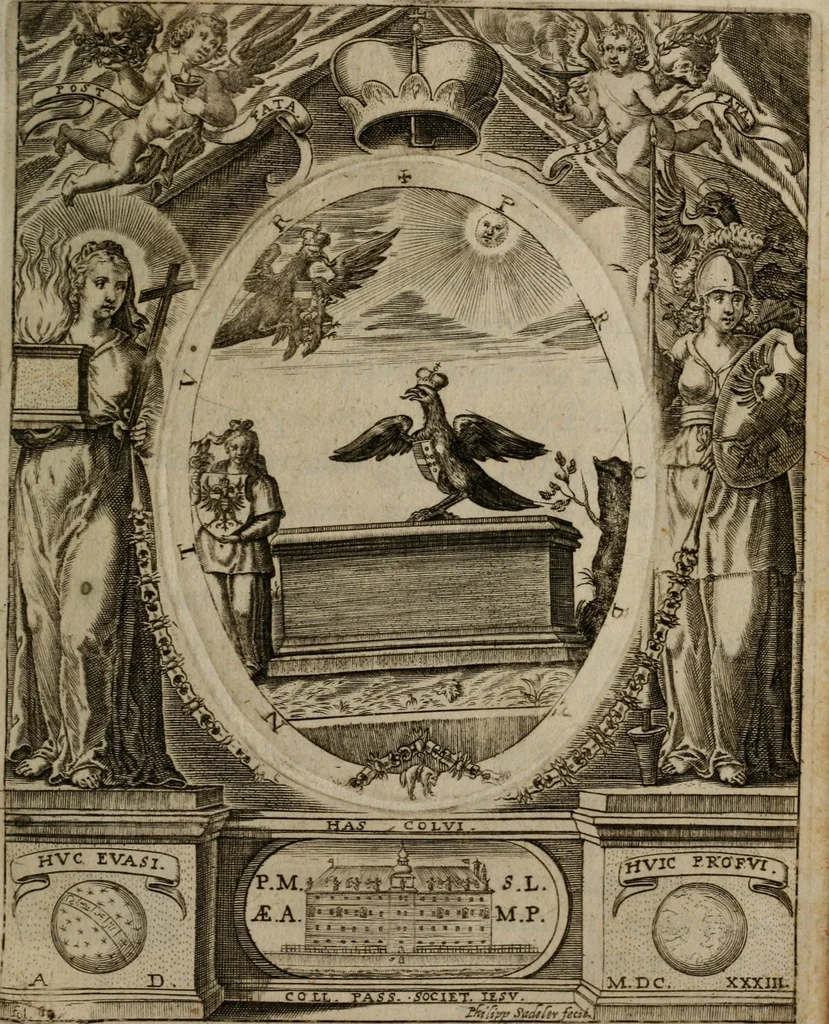 An illustration from Templvm gratiarvm, serenissimi ... : principis ac domini D. Leopoldi, archidvcis Avstriae et comitis Tyrolis &c fvndatoris mvnificentissimi : augustissimi ... caesaris Ferdinandi II., Germani fratris, piis manibvs ... a memoria archidvcalis collegii Passaviensis Societatis Iesv, ipso inferiarum, ac post D. Leopoldi die cum iusta in oratorio pie persolveret ac moestissime parentaret, A.D. MDCXXXII : Summa observantia dicatum dedicatumque, 1633, leaf 114