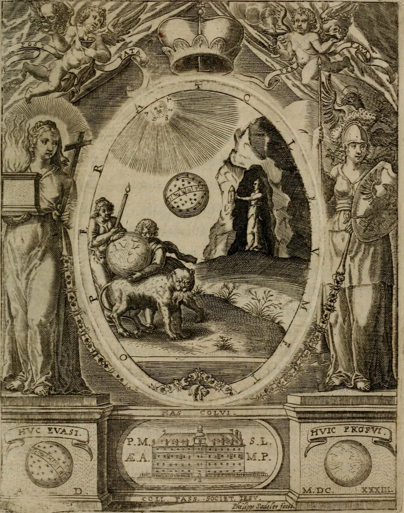 An illustration from Templvm gratiarvm, serenissimi ... : principis ac domini D. Leopoldi, archidvcis Avstriae et comitis Tyrolis &c fvndatoris mvnificentissimi : augustissimi ... caesaris Ferdinandi II., Germani fratris, piis manibvs ... a memoria archidvcalis collegii Passaviensis Societatis Iesv, ipso inferiarum, ac post D. Leopoldi die cum iusta in oratorio pie persolveret ac moestissime parentaret, A.D. MDCXXXII : Summa observantia dicatum dedicatumque, 1633, leaf 132