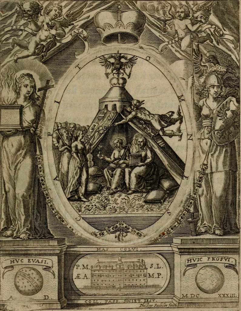 An illustration from Templvm gratiarvm, serenissimi ... : principis ac domini D. Leopoldi, archidvcis Avstriae et comitis Tyrolis &c fvndatoris mvnificentissimi : augustissimi ... caesaris Ferdinandi II., Germani fratris, piis manibvs ... a memoria archidvcalis collegii Passaviensis Societatis Iesv, ipso inferiarum, ac post D. Leopoldi die cum iusta in oratorio pie persolveret ac moestissime parentaret, A.D. MDCXXXII : Summa observantia dicatum dedicatumque, 1633, leaf 136