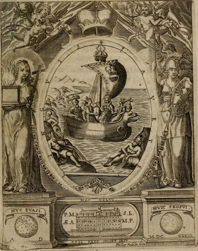 An illustration from Templvm gratiarvm, serenissimi ... : principis ac domini D. Leopoldi, archidvcis Avstriae et comitis Tyrolis &c fvndatoris mvnificentissimi : augustissimi ... caesaris Ferdinandi II., Germani fratris, piis manibvs ... a memoria archidvcalis collegii Passaviensis Societatis Iesv, ipso inferiarum, ac post D. Leopoldi die cum iusta in oratorio pie persolveret ac moestissime parentaret, A.D. MDCXXXII : Summa observantia dicatum dedicatumque, 1633, leaf 142