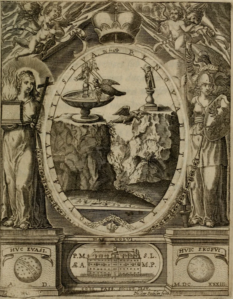 An illustration from Templvm gratiarvm, serenissimi ... : principis ac domini D. Leopoldi, archidvcis Avstriae et comitis Tyrolis &c fvndatoris mvnificentissimi : augustissimi ... caesaris Ferdinandi II., Germani fratris, piis manibvs ... a memoria archidvcalis collegii Passaviensis Societatis Iesv, ipso inferiarum, ac post D. Leopoldi die cum iusta in oratorio pie persolveret ac moestissime parentaret, A.D. MDCXXXII : Summa observantia dicatum dedicatumque, 1633, leaf 150