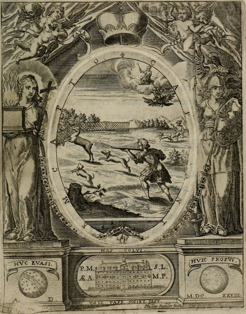 An illustration from Templvm gratiarvm, serenissimi ... : principis ac domini D. Leopoldi, archidvcis Avstriae et comitis Tyrolis &c fvndatoris mvnificentissimi : augustissimi ... caesaris Ferdinandi II., Germani fratris, piis manibvs ... a memoria archidvcalis collegii Passaviensis Societatis Iesv, ipso inferiarum, ac post D. Leopoldi die cum iusta in oratorio pie persolveret ac moestissime parentaret, A.D. MDCXXXII : Summa observantia dicatum dedicatumque, 1633, leaf 154