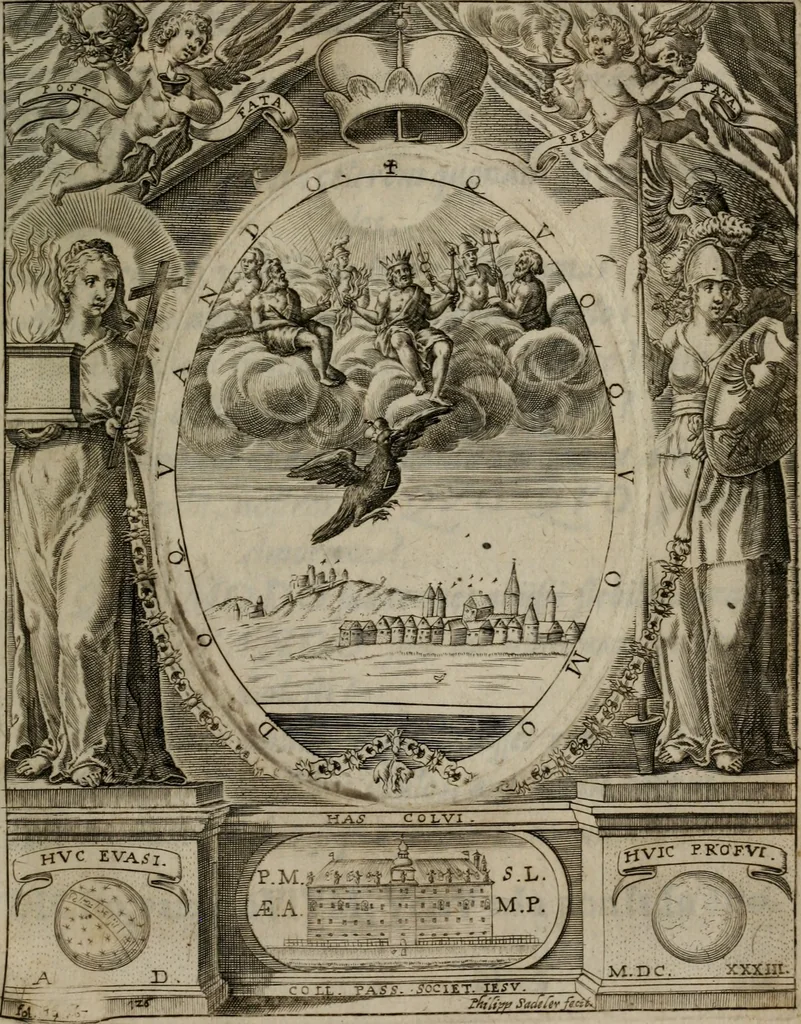 An illustration from Templvm gratiarvm, serenissimi ... : principis ac domini D. Leopoldi, archidvcis Avstriae et comitis Tyrolis &c fvndatoris mvnificentissimi : augustissimi ... caesaris Ferdinandi II., Germani fratris, piis manibvs ... a memoria archidvcalis collegii Passaviensis Societatis Iesv, ipso inferiarum, ac post D. Leopoldi die cum iusta in oratorio pie persolveret ac moestissime parentaret, A.D. MDCXXXII : Summa observantia dicatum dedicatumque, 1633, leaf 158