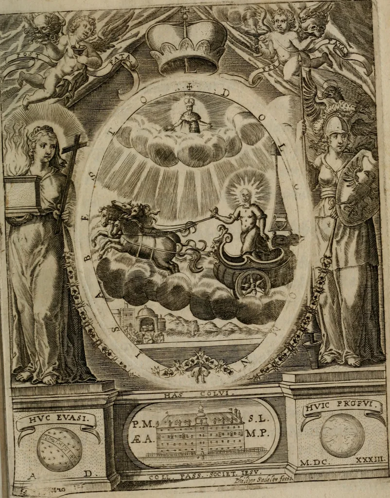 An illustration from Templvm gratiarvm, serenissimi ... : principis ac domini D. Leopoldi, archidvcis Avstriae et comitis Tyrolis &c fvndatoris mvnificentissimi : augustissimi ... caesaris Ferdinandi II., Germani fratris, piis manibvs ... a memoria archidvcalis collegii Passaviensis Societatis Iesv, ipso inferiarum, ac post D. Leopoldi die cum iusta in oratorio pie persolveret ac moestissime parentaret, A.D. MDCXXXII : Summa observantia dicatum dedicatumque, 1633, leaf 162