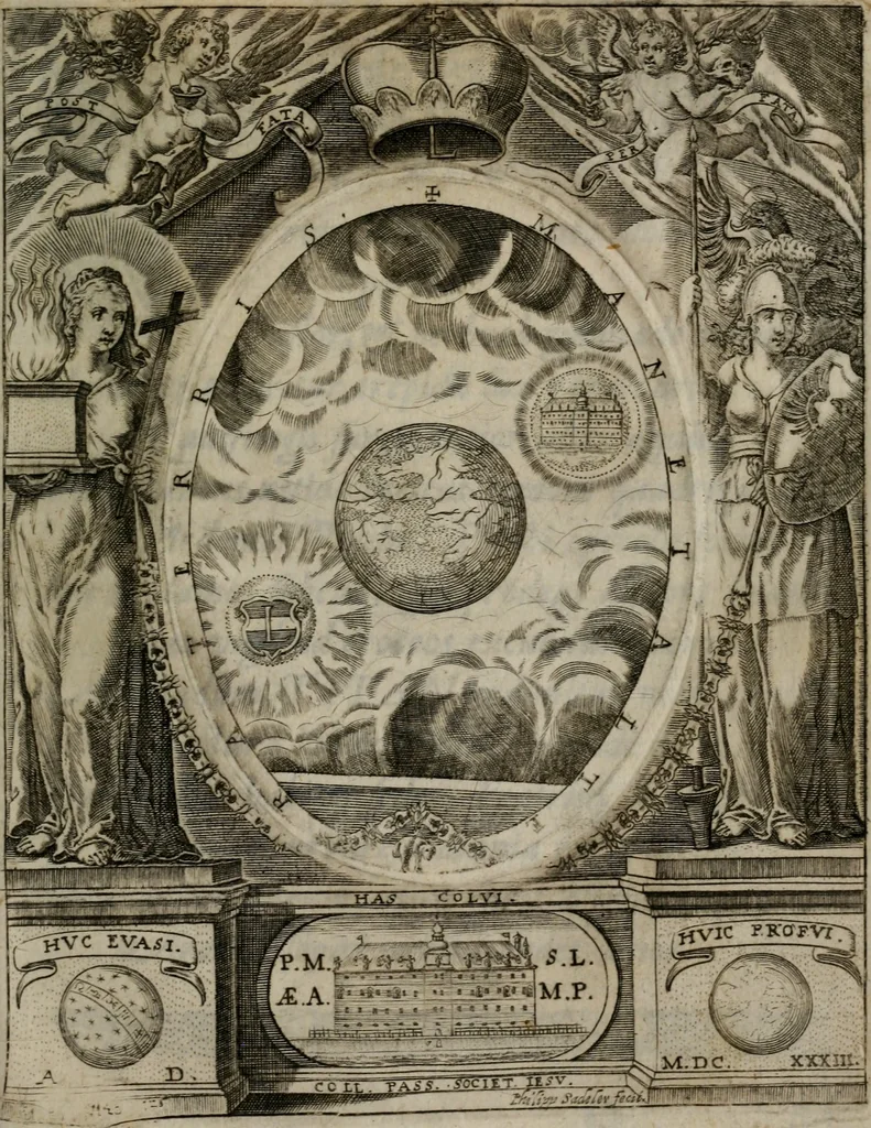 An illustration from Templvm gratiarvm, serenissimi ... : principis ac domini D. Leopoldi, archidvcis Avstriae et comitis Tyrolis &c fvndatoris mvnificentissimi : augustissimi ... caesaris Ferdinandi II., Germani fratris, piis manibvs ... a memoria archidvcalis collegii Passaviensis Societatis Iesv, ipso inferiarum, ac post D. Leopoldi die cum iusta in oratorio pie persolveret ac moestissime parentaret, A.D. MDCXXXII : Summa observantia dicatum dedicatumque, 1633, leaf 166