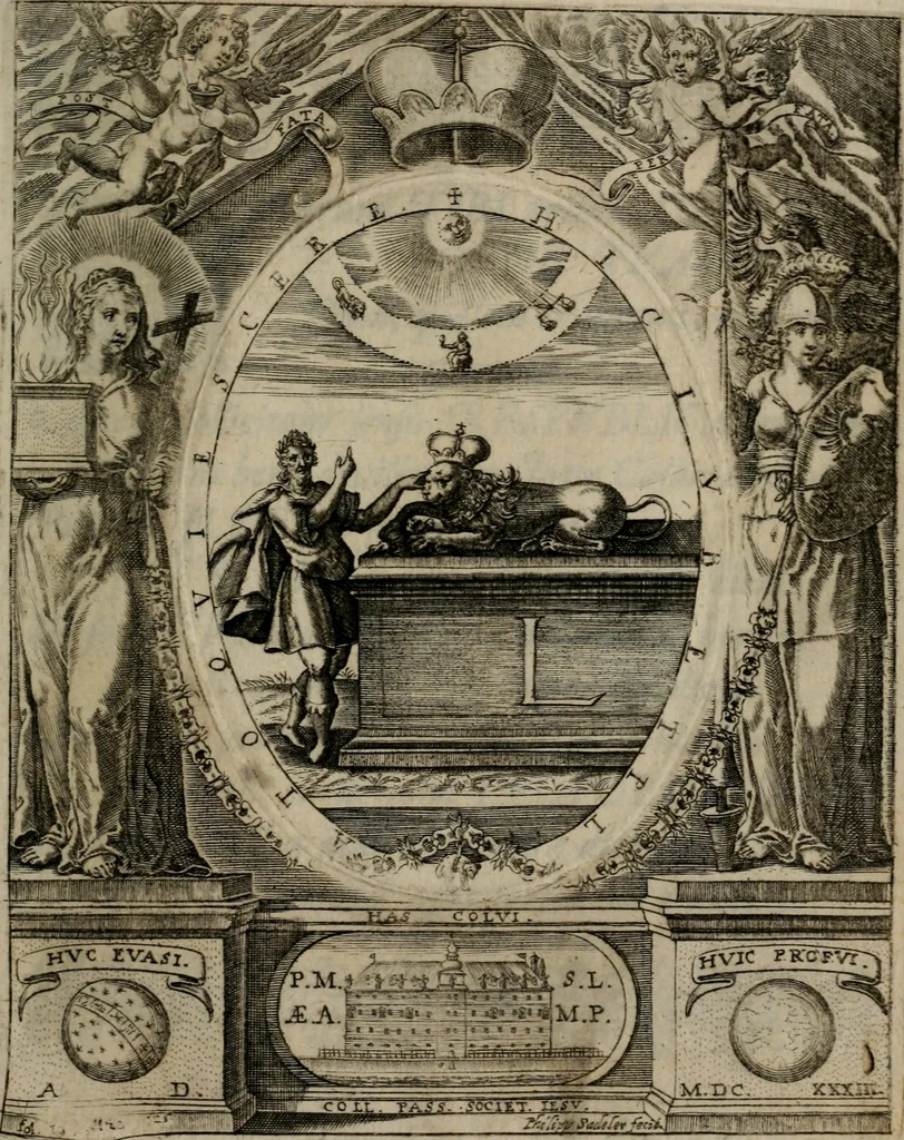 An illustration from Templvm gratiarvm, serenissimi ... : principis ac domini D. Leopoldi, archidvcis Avstriae et comitis Tyrolis &c fvndatoris mvnificentissimi : augustissimi ... caesaris Ferdinandi II., Germani fratris, piis manibvs ... a memoria archidvcalis collegii Passaviensis Societatis Iesv, ipso inferiarum, ac post D. Leopoldi die cum iusta in oratorio pie persolveret ac moestissime parentaret, A.D. MDCXXXII : Summa observantia dicatum dedicatumque, 1633, leaf 170