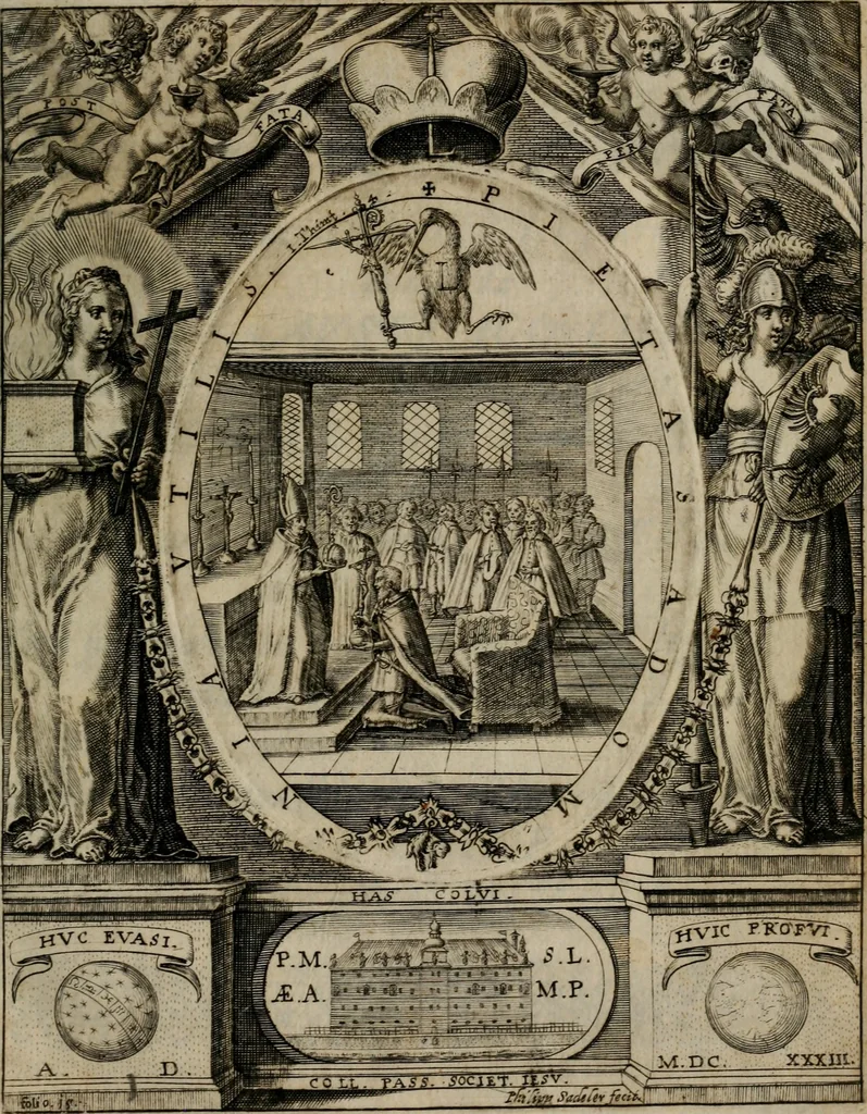 An illustration from Templvm gratiarvm, serenissimi ... : principis ac domini D. Leopoldi, archidvcis Avstriae et comitis Tyrolis &c fvndatoris mvnificentissimi : augustissimi ... caesaris Ferdinandi II., Germani fratris, piis manibvs ... a memoria archidvcalis collegii Passaviensis Societatis Iesv, ipso inferiarum, ac post D. Leopoldi die cum iusta in oratorio pie persolveret ac moestissime parentaret, A.D. MDCXXXII : Summa observantia dicatum dedicatumque, 1633, leaf 22