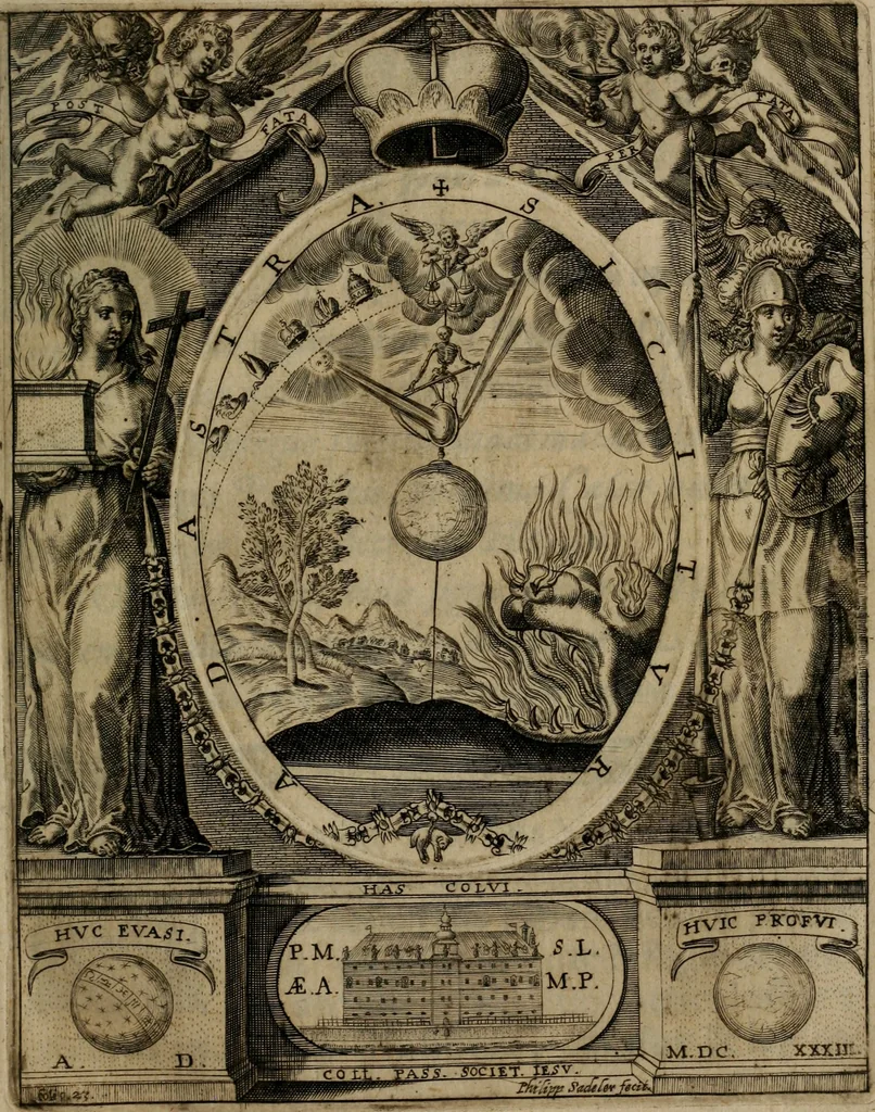 An illustration from Templvm gratiarvm, serenissimi ... : principis ac domini D. Leopoldi, archidvcis Avstriae et comitis Tyrolis &c fvndatoris mvnificentissimi : augustissimi ... caesaris Ferdinandi II., Germani fratris, piis manibvs ... a memoria archidvcalis collegii Passaviensis Societatis Iesv, ipso inferiarum, ac post D. Leopoldi die cum iusta in oratorio pie persolveret ac moestissime parentaret, A.D. MDCXXXII : Summa observantia dicatum dedicatumque, 1633, leaf 30