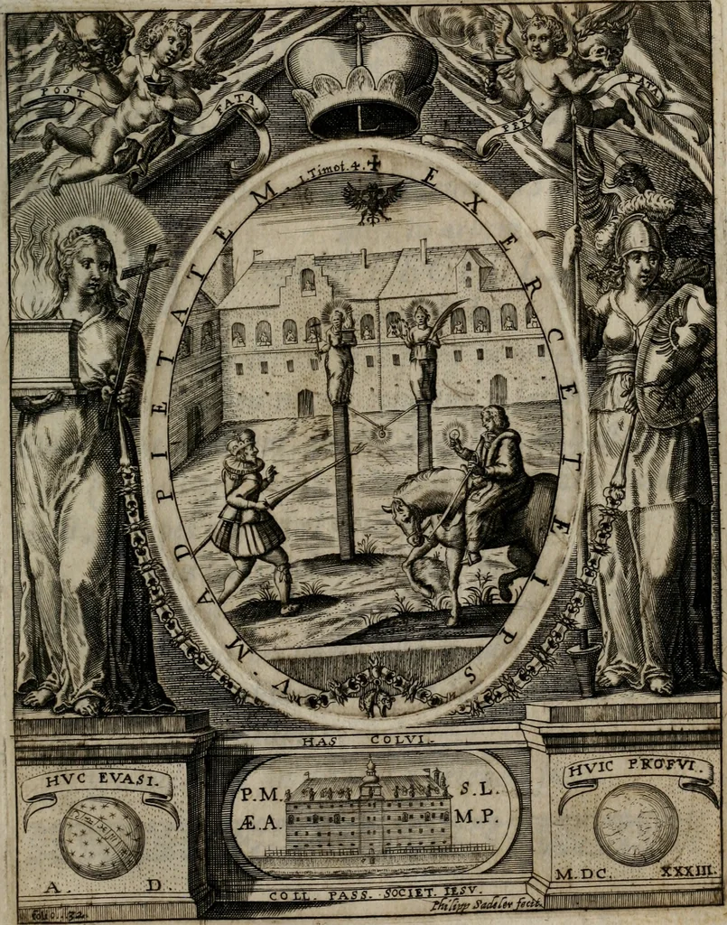 An illustration from Templvm gratiarvm, serenissimi ... : principis ac domini D. Leopoldi, archidvcis Avstriae et comitis Tyrolis &c fvndatoris mvnificentissimi : augustissimi ... caesaris Ferdinandi II., Germani fratris, piis manibvs ... a memoria archidvcalis collegii Passaviensis Societatis Iesv, ipso inferiarum, ac post D. Leopoldi die cum iusta in oratorio pie persolveret ac moestissime parentaret, A.D. MDCXXXII : Summa observantia dicatum dedicatumque, 1633, leaf 40