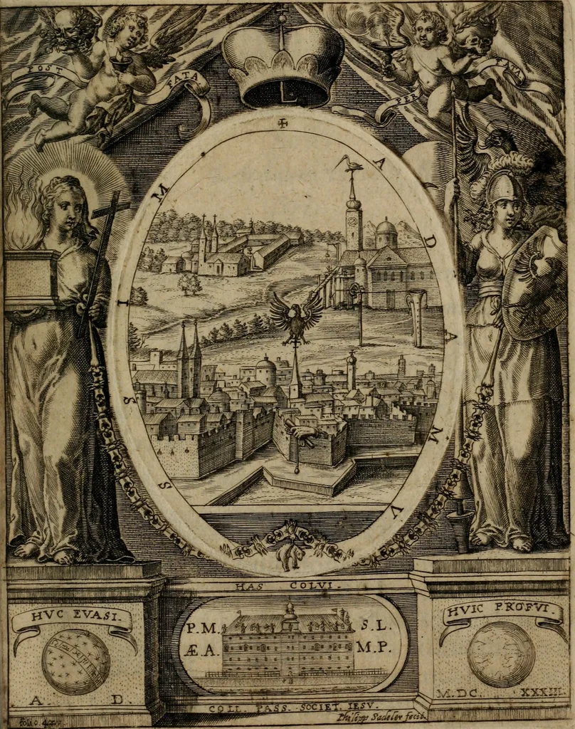 An illustration from Templvm gratiarvm, serenissimi ... : principis ac domini D. Leopoldi, archidvcis Avstriae et comitis Tyrolis &c fvndatoris mvnificentissimi : augustissimi ... caesaris Ferdinandi II., Germani fratris, piis manibvs ... a memoria archidvcalis collegii Passaviensis Societatis Iesv, ipso inferiarum, ac post D. Leopoldi die cum iusta in oratorio pie persolveret ac moestissime parentaret, A.D. MDCXXXII : Summa observantia dicatum dedicatumque, 1633, leaf 52